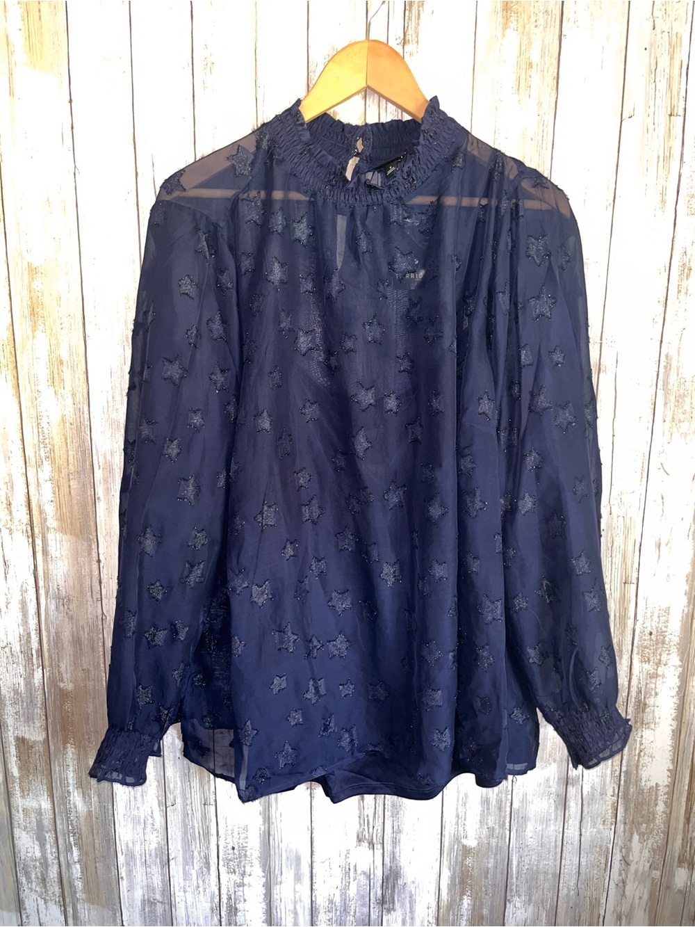 NWT Torrid Lurex Chiffon Star Blouse Navy Sheer Metallic 1X 14-16 - Picture 2 of 6